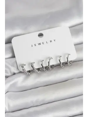 Gümüş Renk Pirinç Kemik Model 3 Çift Kadın Küpe Seti