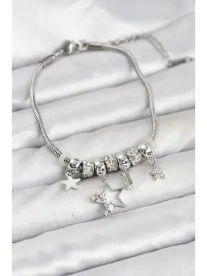 Gümüş Renk Çelik Yıldız Model Charmlı Kadın Bileklik