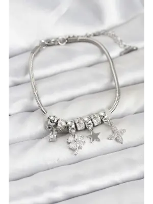 Gümüş Renk Çelik Yonca Charmlı Kadın Bileklik