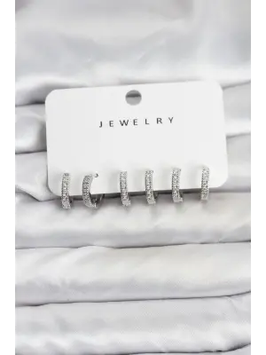 Gümüş Renk Pirinç Zirkon Taşlı Halka Kadın Küpe Seti