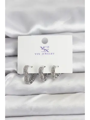 Gümüş Renk Pirinç Zirkon Taşlı Kalpli Kadın Küpe