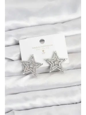 Gümüş Renk Pirinç Zirkon Taşlı Yıldız Model Kadın Küpe