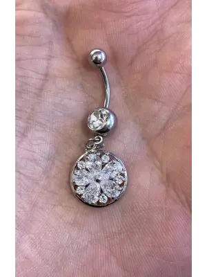 Gümüş Renk Taşlı Çiçek Sallantılı Cerrahi Çelik Göbek Piercing (Belly)