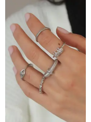 Gümüş Renk Sarmal Model Kadın Yüzük Kombini