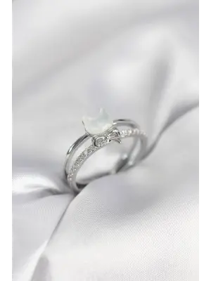 Gümüş Renk Sedefli Kedi Model Fiyonklu Zirkon Taşlı Kadın Yüzük