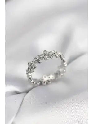 Gümüş Renk Sıralı Çiçek Model Zirkon Taşlı Kadın Yüzük