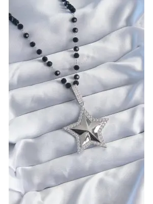 Gümüş  Siyah Boncuk Zirkon Taşlı Pirinç Yıldız Model VİP Seri  Çelik Kolye