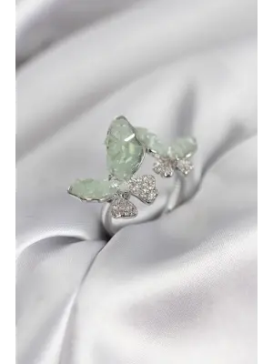 Gümüş Renk Su Yeşili Kelebek Model Zirkon Taşlı Kadın Yüzük