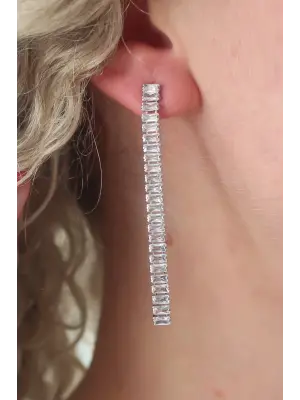 Gümüş Su Yolu Baget Zirkon Taşlı Çelik Küpe