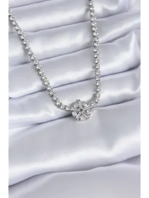 Gümüş  Su Yolu Zirkon Taş Model Kar Tanesi Figür  Çelik Kolye