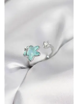 Gümüş Renk Turkuaz Yıldız Model Kadın Yüzük