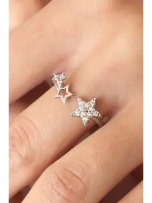 Gümüş Renk Yıldızlı Ayarlanabilir Kadın Yüzük