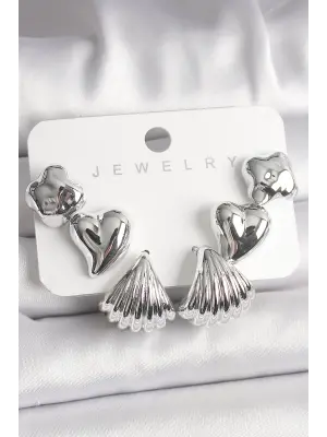 Gümüş Yonca Kalp Deniz Kabuğu Figür CCB Çelik Küpe Seti