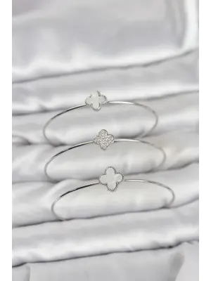 Gümüş Renk Yonca Model Zirkon Taşlı 3lü Kadın Bileklik Kombini