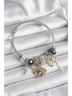 Gümüş Renk Zirkon Taş Nazar Boncuk Detay Göz Figür Charm Bileklik