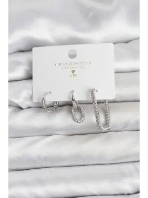 Gümüş Renk Zirkon Taşlı 3lü Kadın Küpe Seti