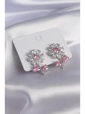 Gümüş Zirkon Taşlı Çiçek Model  Çelik Küpe