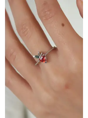 Gümüş Zirkon Taşlı Çilek Figür Çelik Yüzük