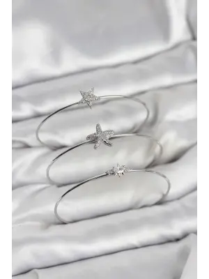 Gümüş Renk Zirkon Taşlı Deniz Yıldızı Model 3lü Kadın Bileklik Kombini