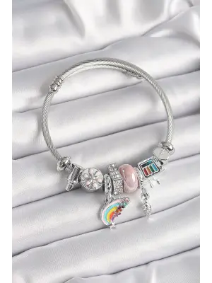 Gümüş Renk Zirkon Taşlı Gök Kuşağı Figür Charm Bileklik