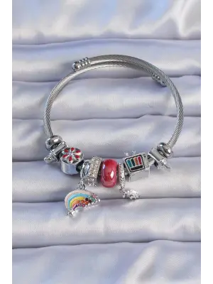 Gümüş Renk Zirkon Taşlı Gökkuşağı Tasarım Çiçekli Charm Bileklik