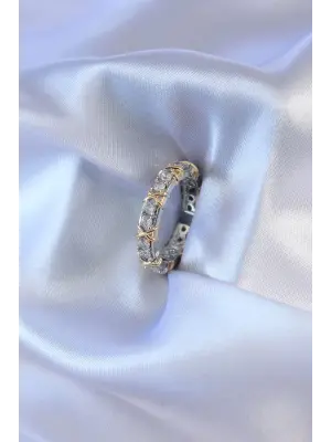 Gümüş Zirkon Taşlı Altın Detay Xoxo Çelik Yüzük