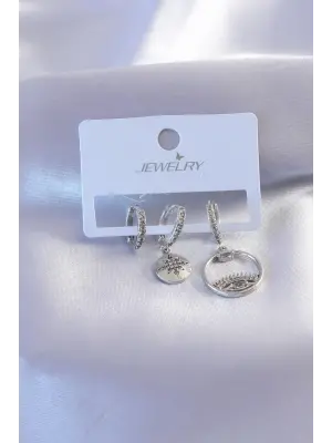 Gümüş Renk Zirkon Taşlı Göz Figür Kadın Küpe