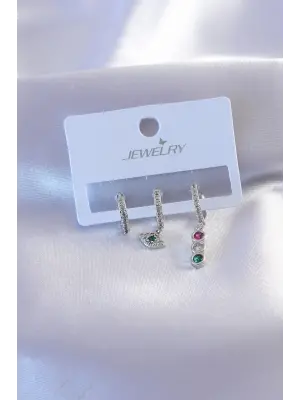 Gümüş Renk Zirkon Taşlı Göz Figür Kadın Küpe