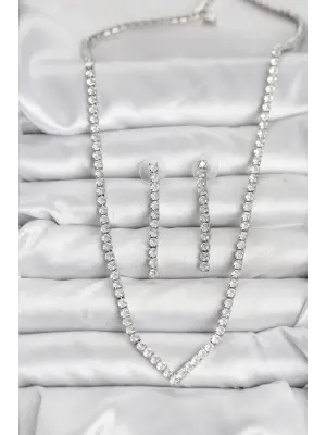 Gümüş Renk Zirkon Taşlı Kadın Kolye Küpe Seti