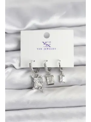 Üçlü Kare Baget Gümüş Renk Zirkon Taşlı Kadın Küpe