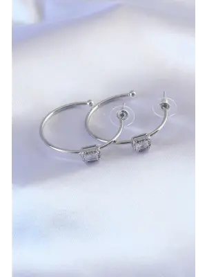 Gümüş Zirkon Taşlı Çelik Küpe