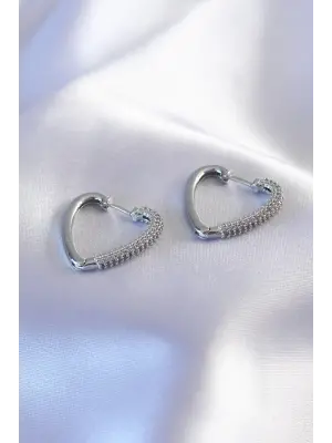 Gümüş Zirkon Taşlı Kalp Model Çelik Küpe