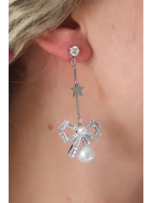 Gümüş Zirkon Taşlı Kurdele Model Yıldız Detay Çelik Küpe