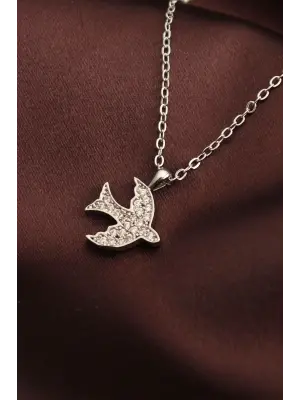 Gümüş Renk Zirkon Taşlı Kuş Kolye