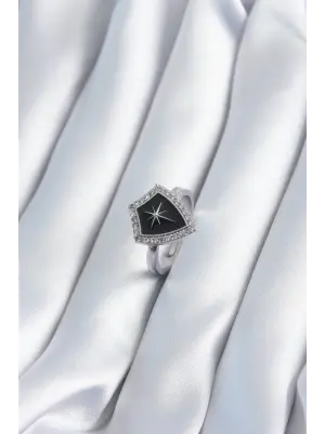 Gümüş Zirkon Taşlı Kutup Yıldızı İşleme Çelik Yüzük