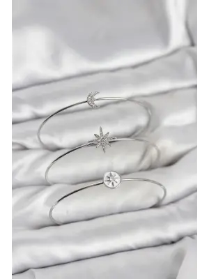 Gümüş Renk Zirkon Taşlı Kutup Yıldızı Model 3lü Kadın Bileklik Kombini