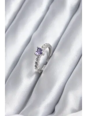 Gümüş Zirkon Taşlı Mor Kristal Kalp Model Çelik Yüzük