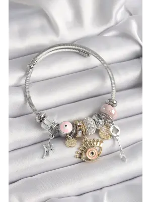 Gümüş Renk Zirkon Taşlı Nazar Boncuk Detay Göz Figür Charm Bileklik