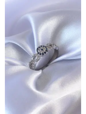 Gümüş Zirkon Taşlı Nazar Boncuk Model Çelik Yüzük