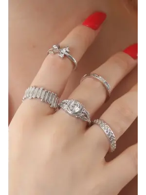 Gümüş Renk Zirkon Taşlı Ok Figür Bayan Yüzük Kombin