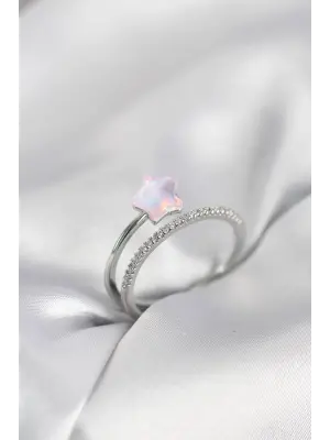 Gümüş Renk Zirkon Taşlı Pembe Halley Model Kadın Yüzük