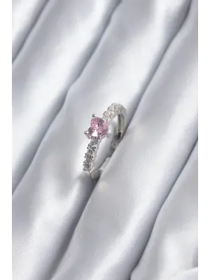 Gümüş Zirkon Taşlı Pembe Kristal Kalp Model Çelik Yüzük