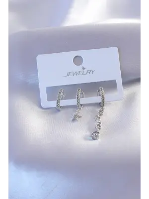 Gümüş Renk Zirkon Taşlı Sallantı Model Yıldız Detay Kadın Küpe