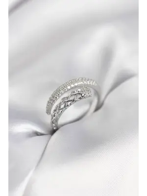 Gümüş Renk Zirkon Taşlı Sarmal Kadın Yüzük