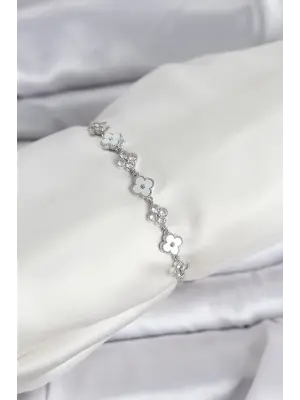 Gümüş Renk Zirkon Taşlı Sıralı Yonca Model Asansörlü Kadın Bileklik