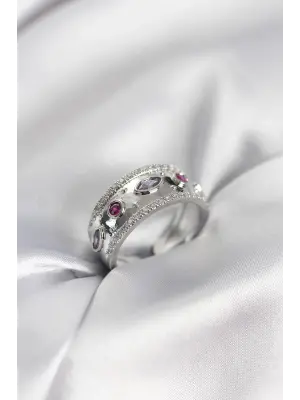 Gümüş Renk Zirkon Taşlı Vintage Kadın Yüzük