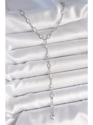 Gümüş Renk Zirkon Taşlı Y Pirinç Kolye