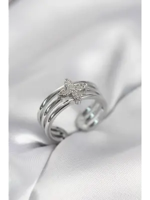 Gümüş Renk Zirkon Taşlı Yonca Model Kadın Yüzük