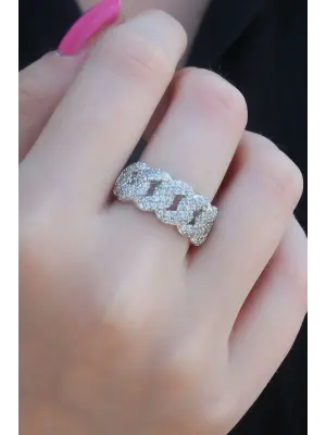 Gümüş Renk Zirkon Taşlı Zincir Model Kadın Yüzük