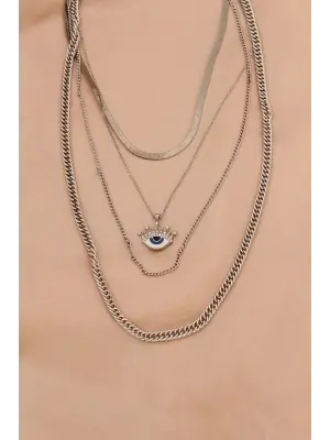 Gümüş Renkli Metal İtalyan Zincirli Göz Detaylı Çoklu Kadın Kolye